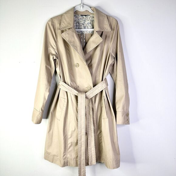 Sonoma Jackets & Blazers - SONOMA Trench Coat Women L Khaki Tan Scallop Contrast Cuffs Classic Preppy Twee